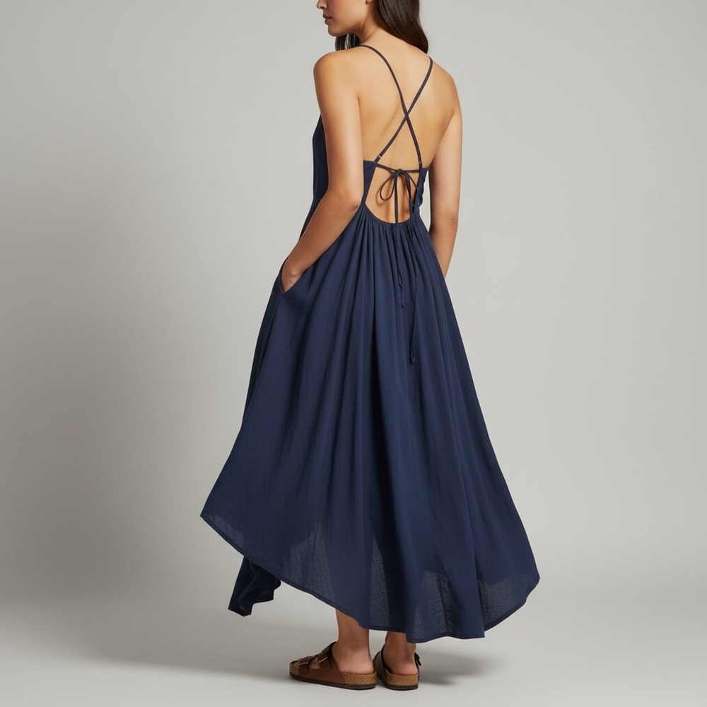 Joe Fresh Navy Linen Blend Maxi Dress with Cross-Strap and open Back - Picture 2 of 10